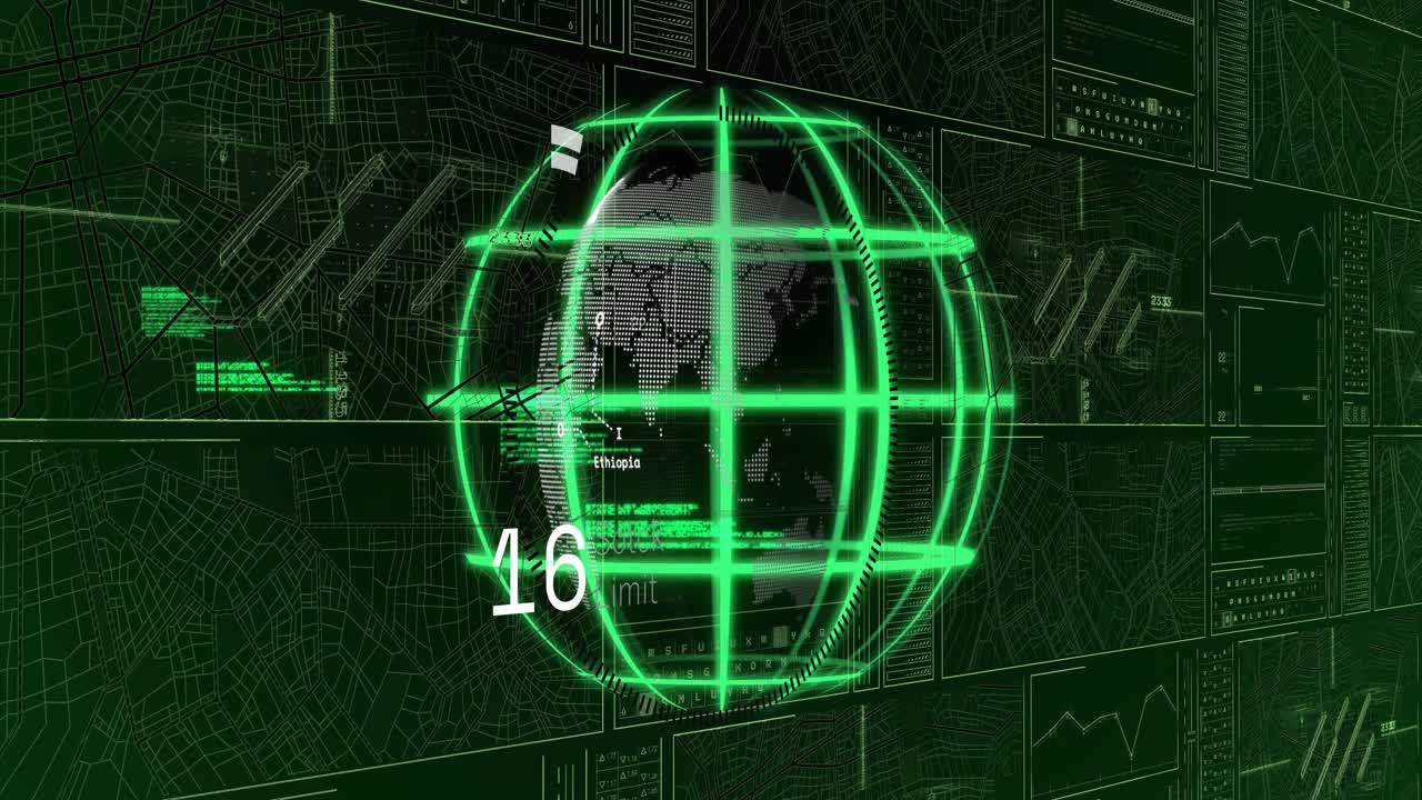 On boot green globe rotating, scanner filling, numeric readouts peaking then falling for monitoring