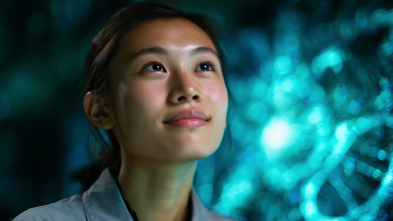 A young woman gazes upward with a serene expression, illuminated by a mesmerizing blue backdrop that evokes a sense of wonder and possibility, reflecting her curiosity and engagement with the surroundings