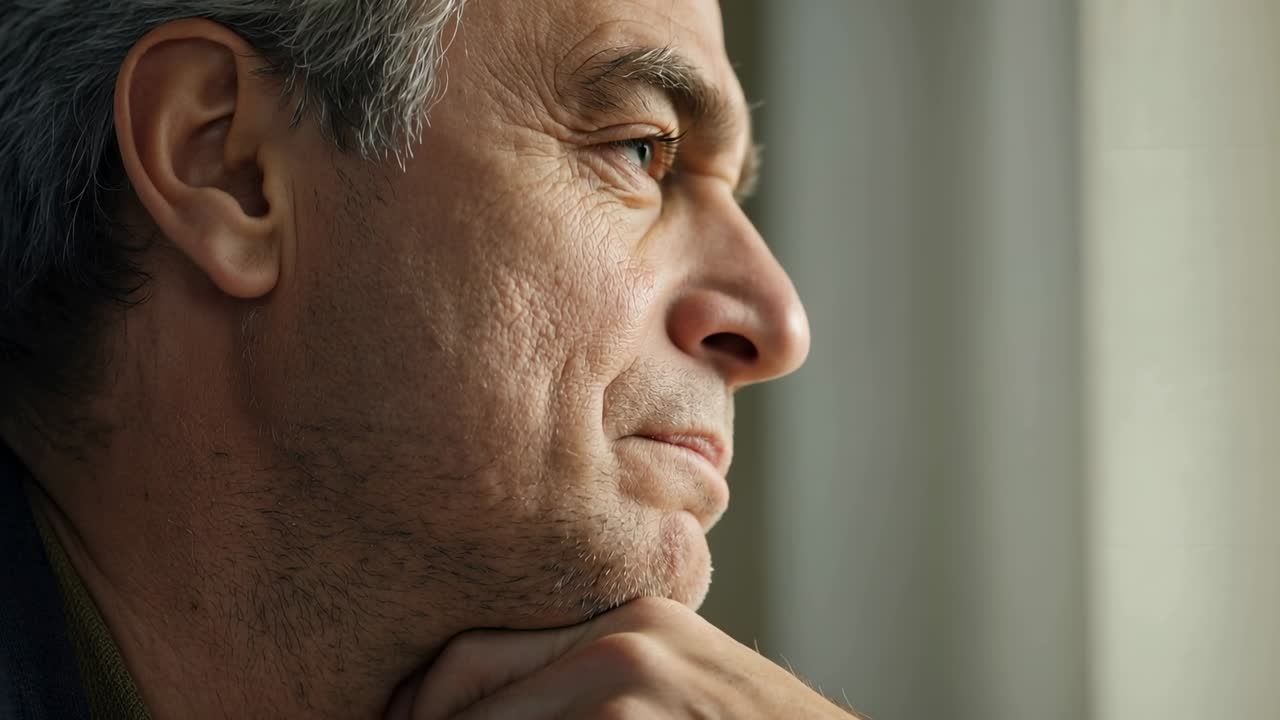 Smiling senior man lifting hand with soft light falling at window, in dark collar, reflecting