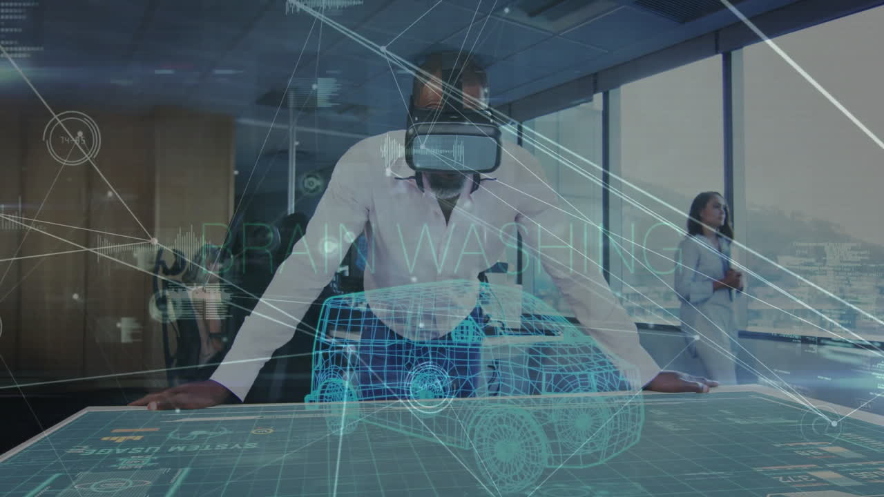 Using virtual reality headset, man viewing animation of car design with text