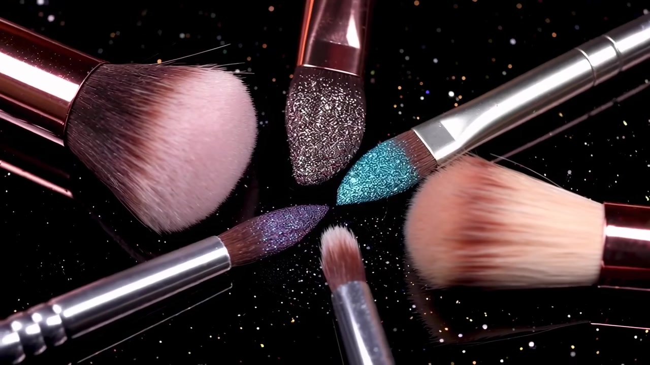 Collection of Professional Makeup Products and Brushes on Black Background