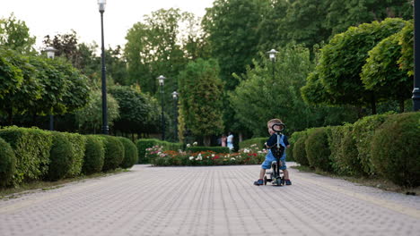 rear view of a baby boy sitting on a bike. kid waves his head and then turns to camera. park in summer at backdrop.