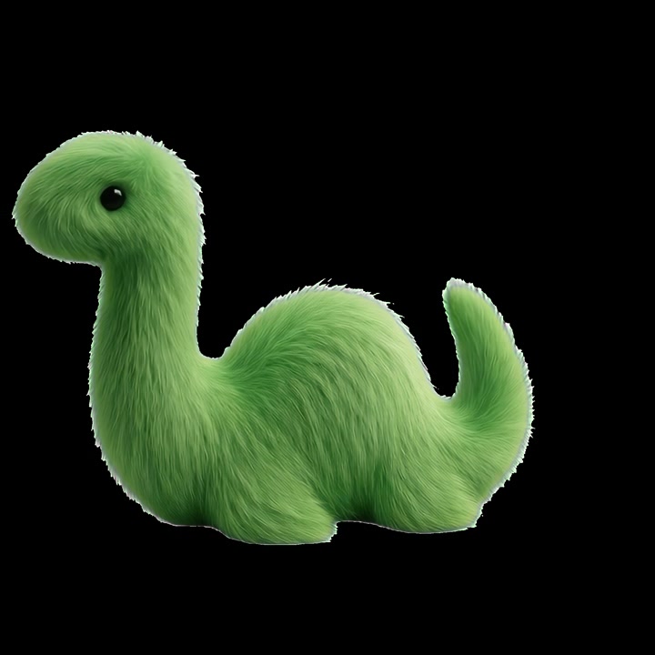 Brinquedo de dinossauro verde fofo e peludo movendo-se contra um fundo preto
