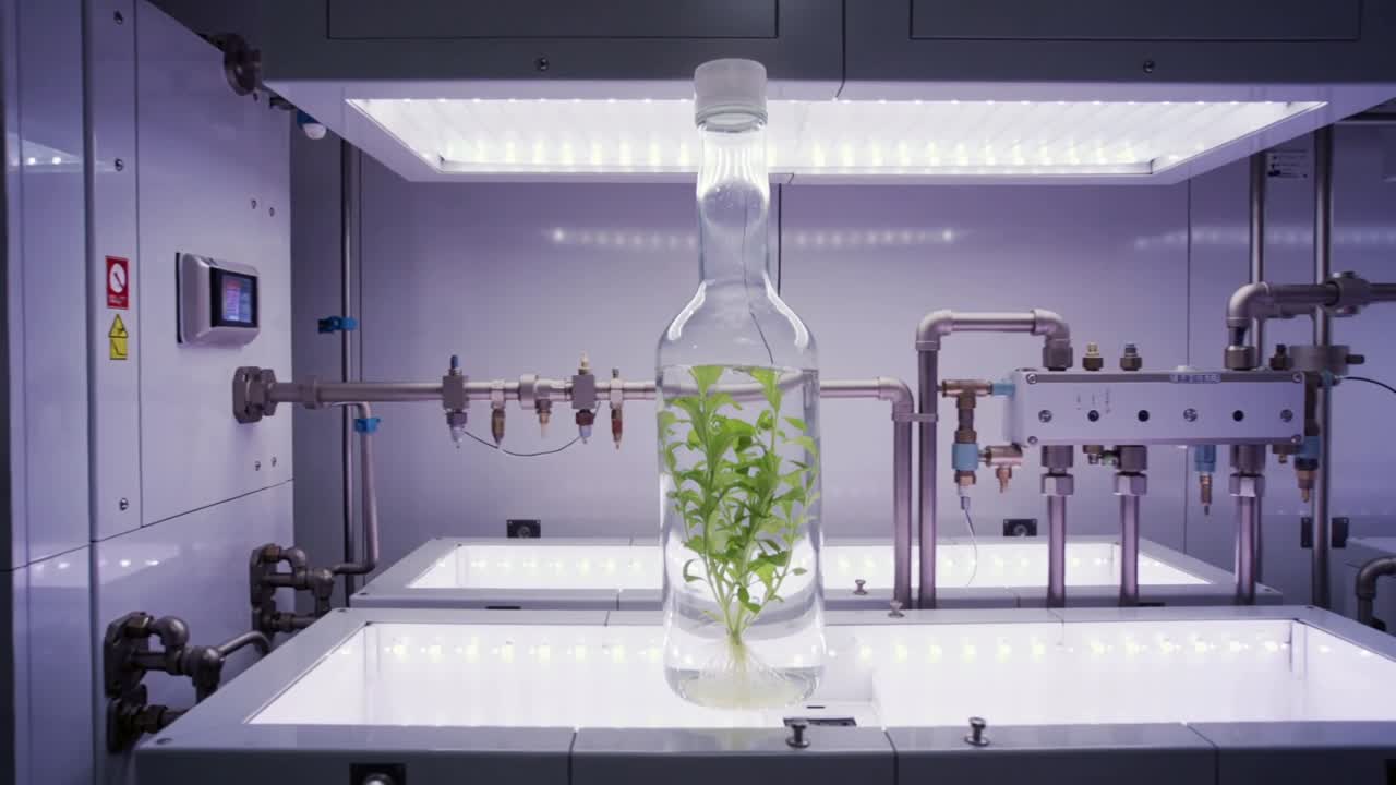 Remaining glass bottle with plant sitting on lit tray under LED, camera reframing monitoring growth