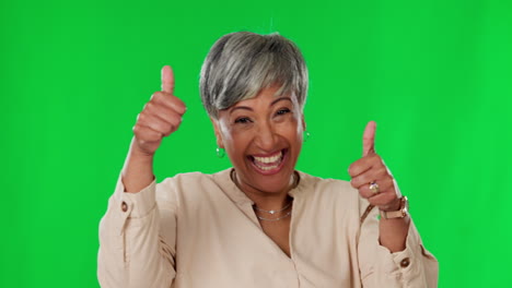 Face,-thumbs-up-and-senior-woman-on-green-screen