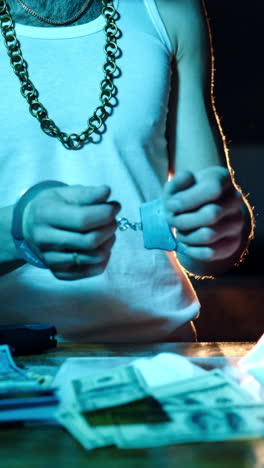 Man hands in handcuffs. Arrest of a drug dealer. Drug trafficking. Close-up. Vertical video