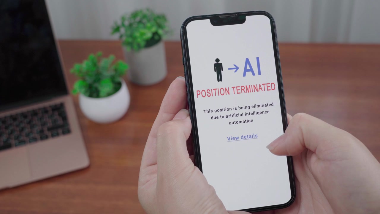User scrolls a job loss notice on a mobile phone stating the position is terminated due to AI automation.