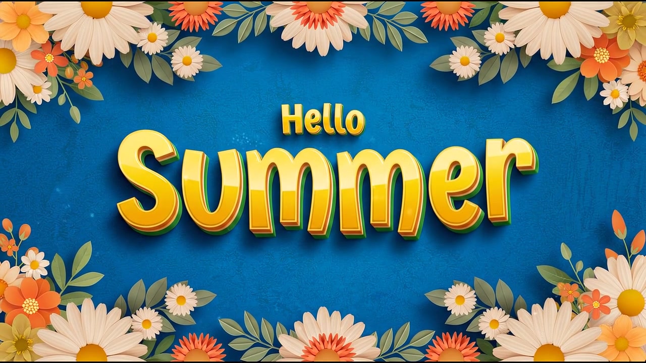 Hello Summer Greeting Animation with Floral Border and Yellow Typography on Blue Background