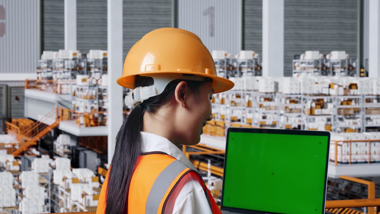 배달 물품으로 가득 찬 선반을 가진 창고에 서 있는 안전 헬을 입은 아시아 여성 엔지니어의 근접 뒷면.