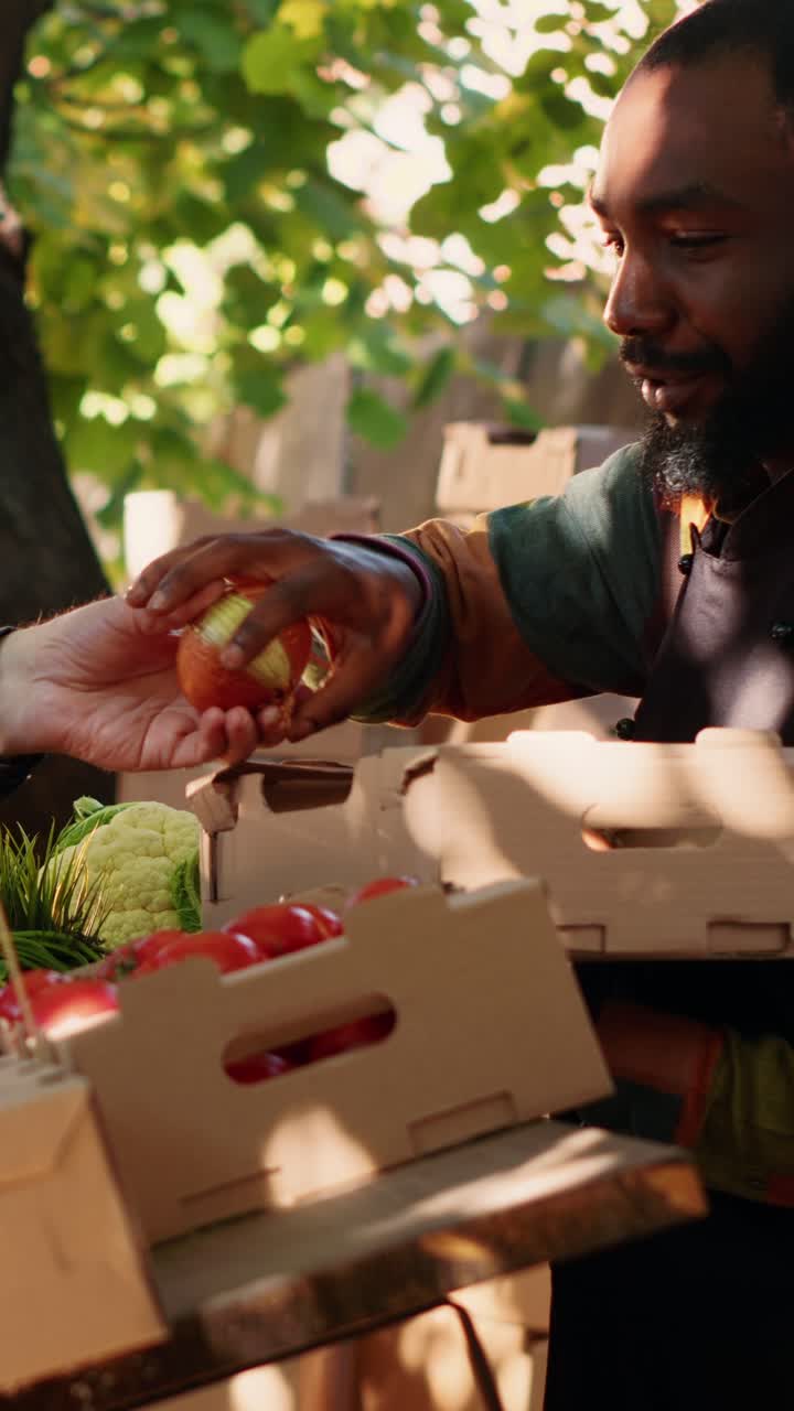Vídeo vertical: jovem empresário vendendo produtos orgânicos cultivados em casa em um mercado de alimentos ao ar livre
