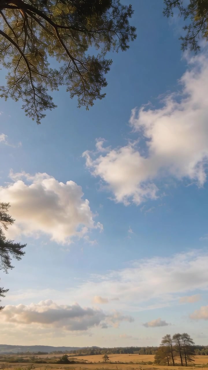 Video verticale: Brezza leggera che trasporta cumuli attraverso il cielo blu sopra i campi con la chioma di un albero a sinistra.