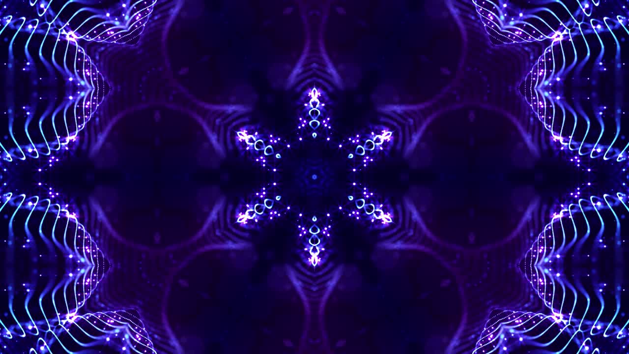 4k looped sci-fi 3d fondo con partículas azules brillantes forman líneas, superficies, estructuras simétricas complejas como estrellas en el caleidoscopio. tema abstracto de microworld o nanotecnología 15