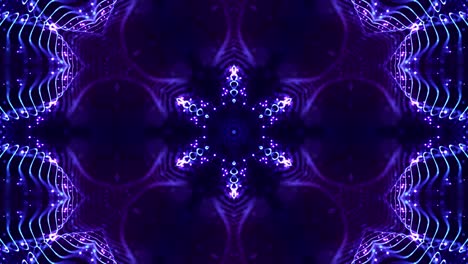 4k looped sci-fi 3d fondo con partículas azules brillantes forman líneas, superficies, estructuras simétricas complejas como estrellas en el caleidoscopio. tema abstracto de microworld o nanotecnología 15