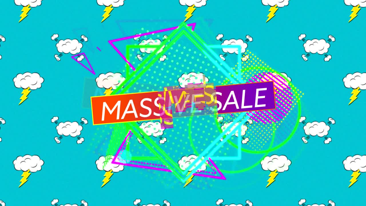 파란색 배경에 대 한 여러 모양과 음성 거품에 대 한 대규모 판매 텍스트