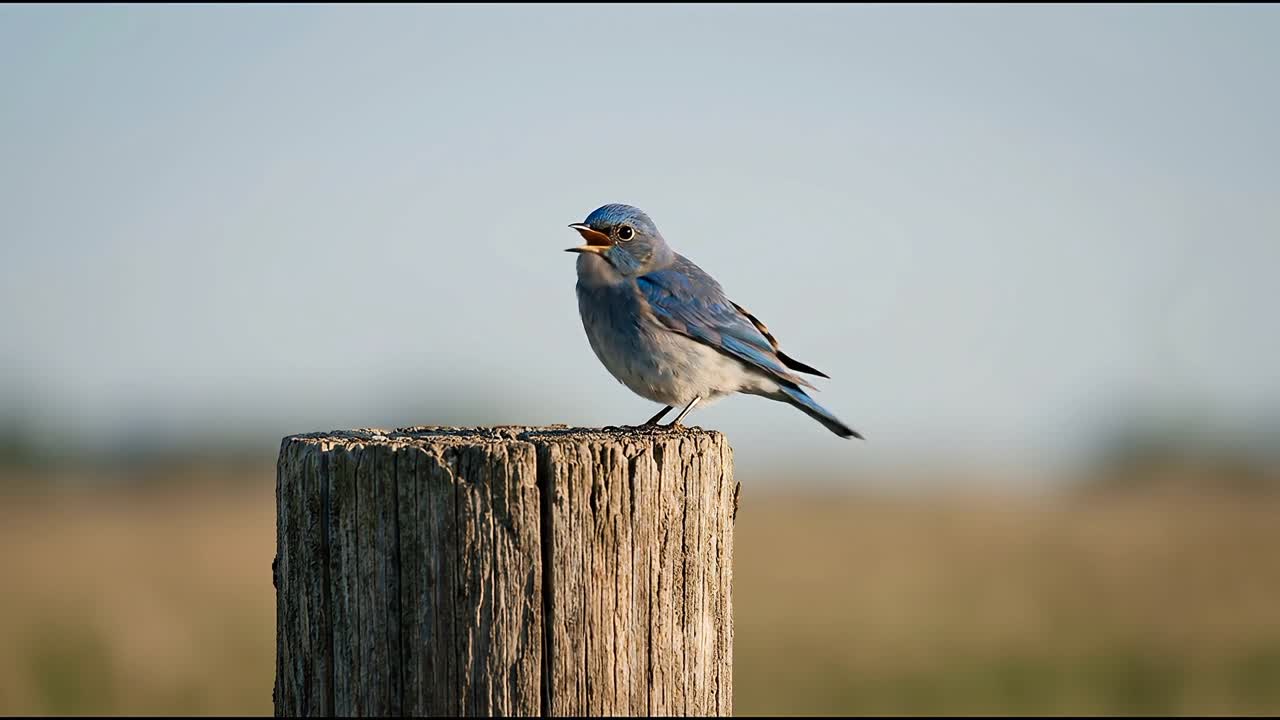 Piccolo uccello blu posato su un palo di legno in un campo aperto, con una soffusa illuminazione naturale, primo piano di fauna selvatica.