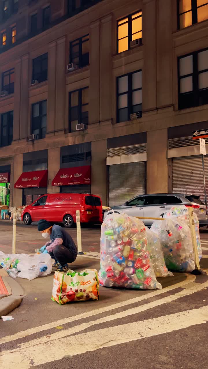 New York, USA, 20 ottobre 2025: Una persona raccoglie bottiglie di plastica e lattine per strada. Vista a livello stradale di una persona mascherata che smista contenitori riciclabili per bevande in grandi sacchi di plastica trasparenti.