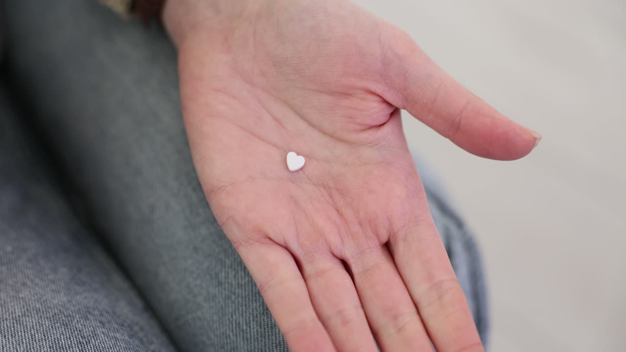 A person's hand holding a small white heart-shaped pill