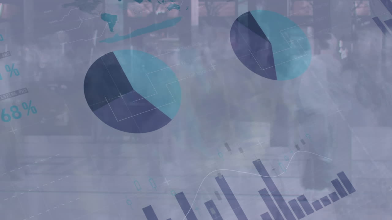 Animazione di statistiche ed elaborazione dati su una strada trafficata della città.