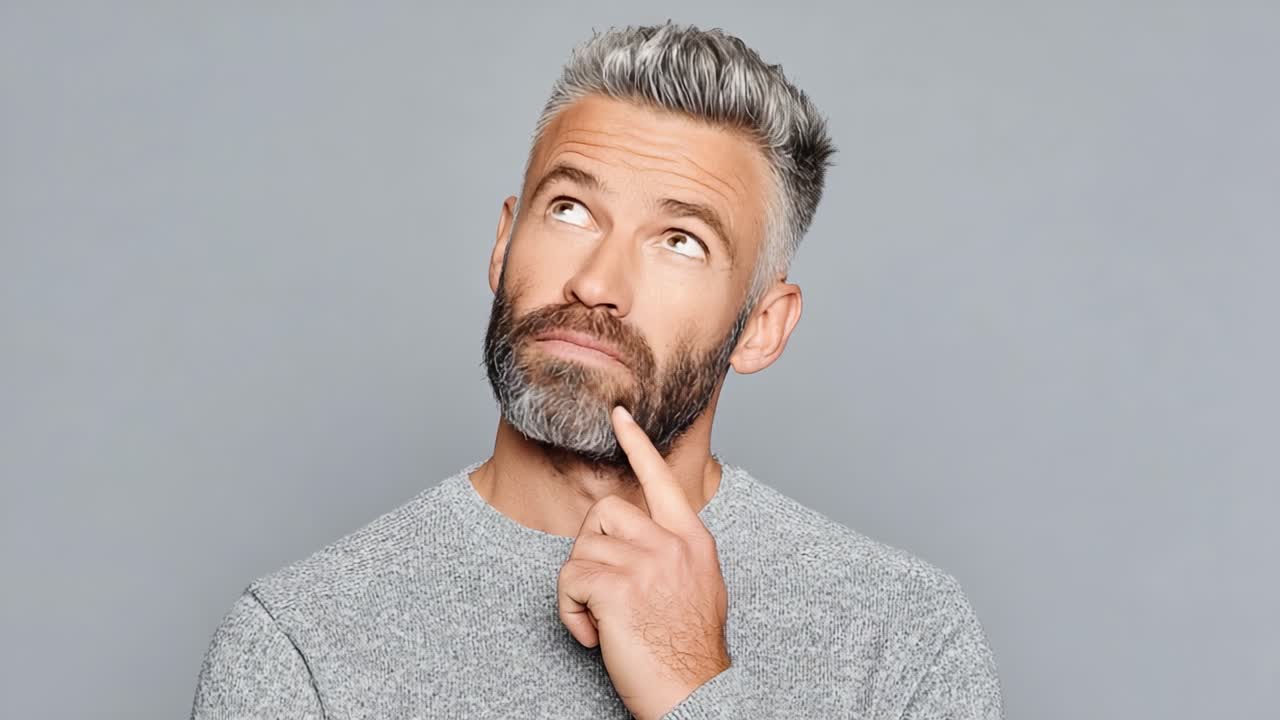 Un uomo pensieroso con la barba grigia contempla guardando verso l'alto, incarnando curiosità e introspezione in un semplice sfondo grigio.