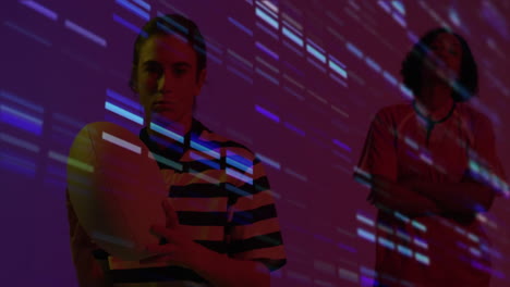 two colleagues holding white sphere in technology studio, featuring neon glitch projections