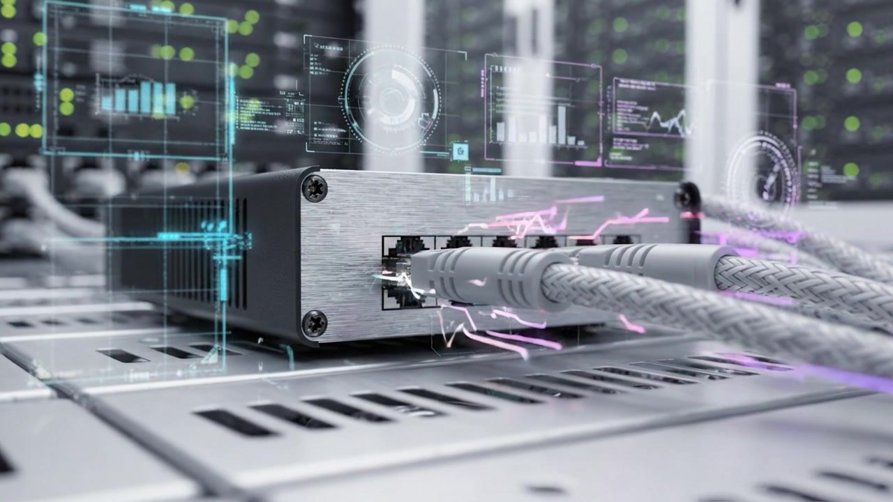 Advanced Network Connectivity: Close-up Views of Data Cables and Digital Integration in a High-Tech Server Environment with Visual Network Metrics and Graphs