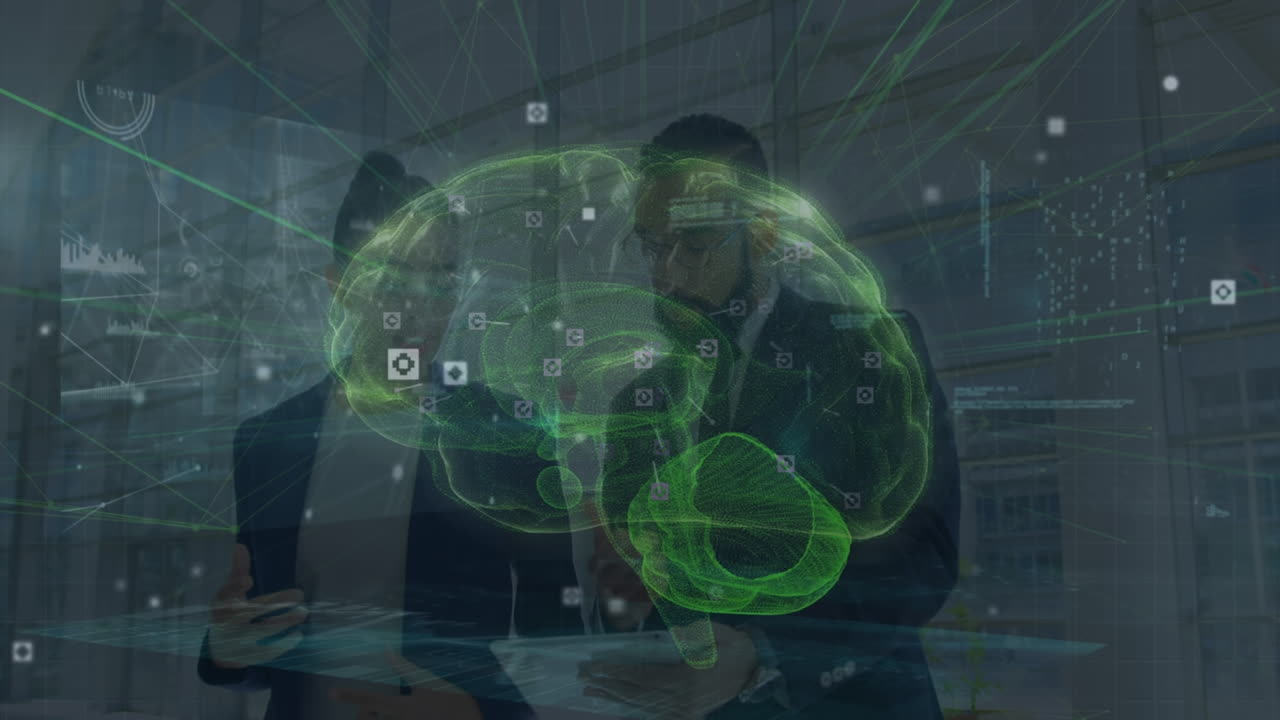 Animation of data processing and brain over diverse business people in office