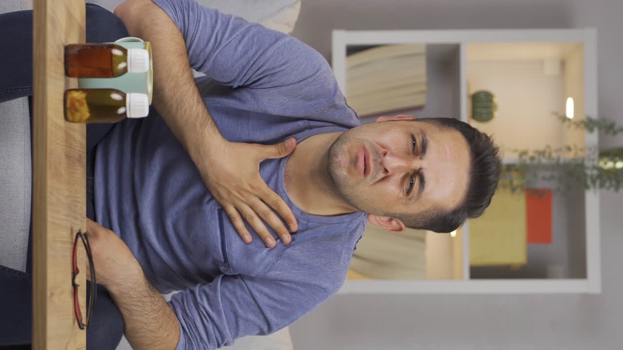 Vertical video of The sick man can't stop coughing.