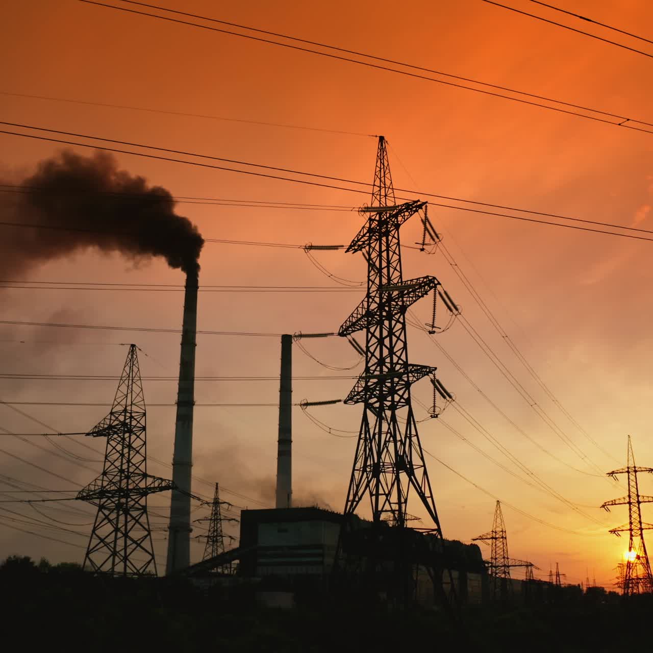 High voltage power station. High voltage steel power pylons in countryside