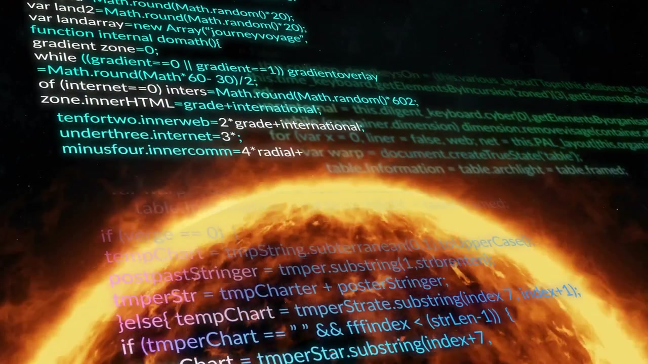 On start 3D render fiery sphere pulsating while scrolling colored code illustrating data processing