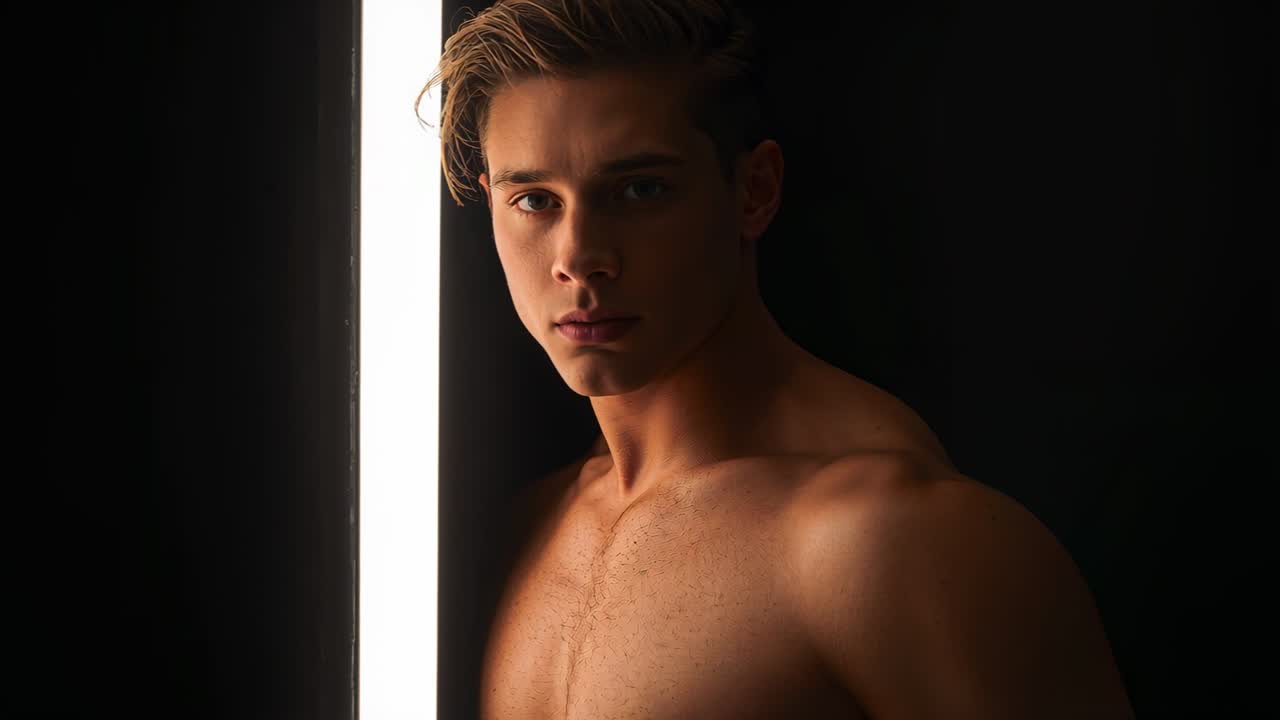 Reagendo a un segnale, un modello maschile a torso nudo effettua sottili spostamenti di testa e spalle in uno studio con un alto pannello LED.