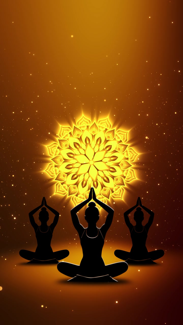 Giornata dello yoga, donna che pratica yoga in posizione del loto, sfondo animato, chakra che appaiono sul suo corpo