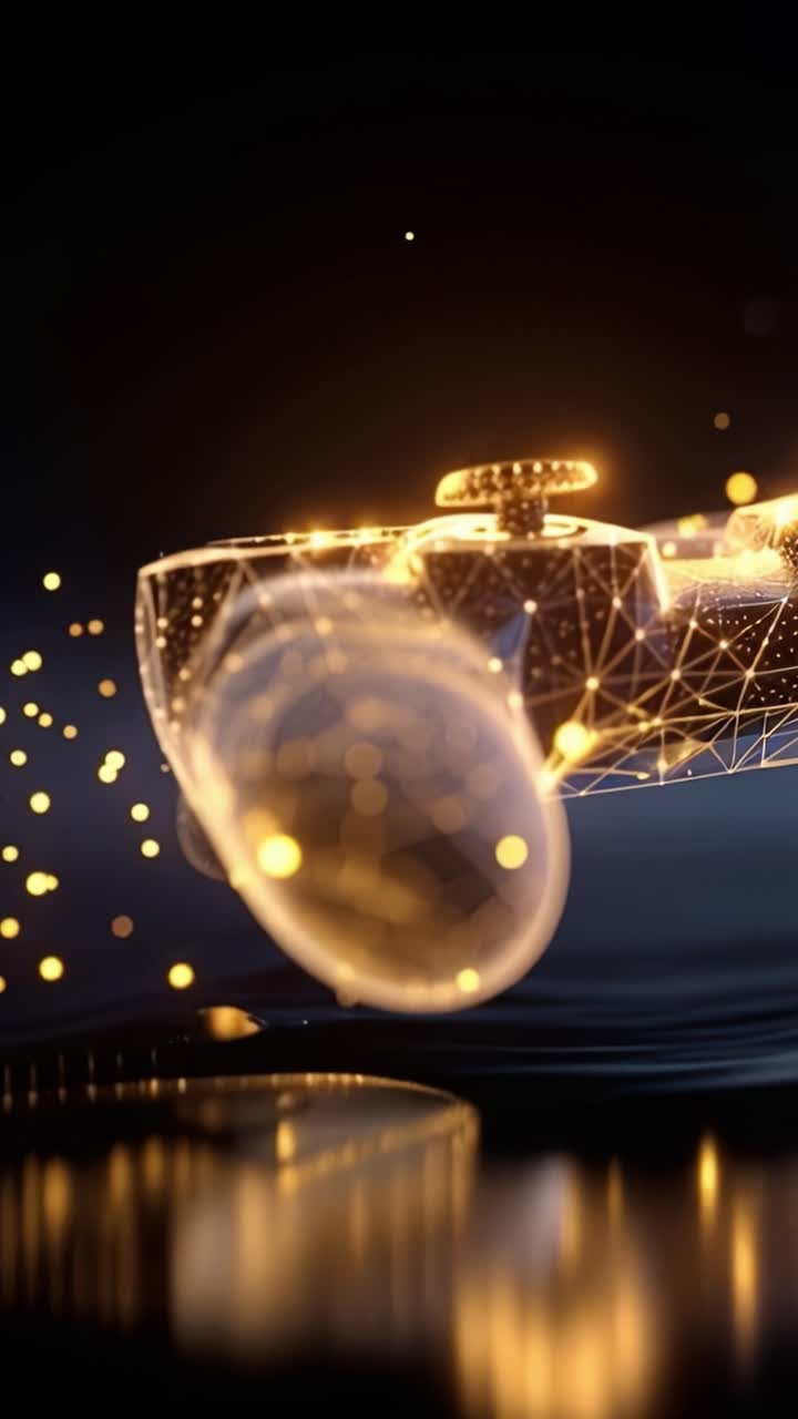 Uma impressionante representação visual de um controle de videogame futurista, lindamente iluminado com rastros de luz e partículas, mostrando a harmonia entre tecnologia e criatividade