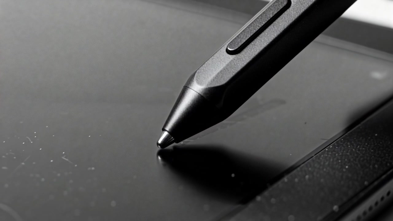 Schwebender Stylus mit zwei Tasten nähert sich einem Tablet zur Demonstration, berührt die Spitze und verschiebt Staub.