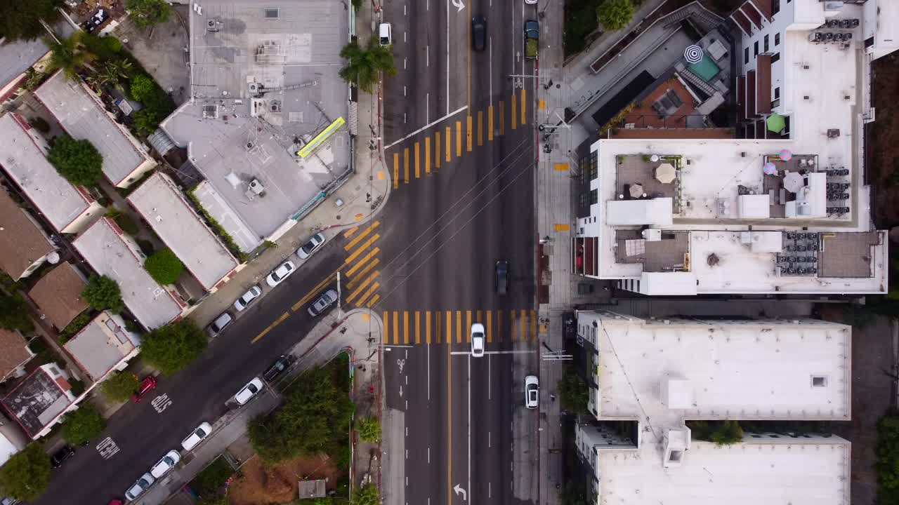 Birds eye view drone shot timelapse cars driving on highway in America