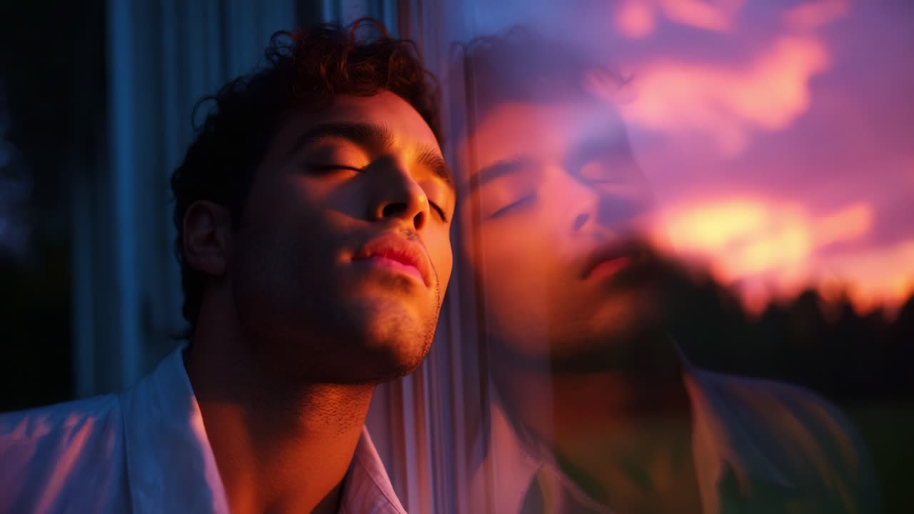 A Visual Exploration of Serenity and Reflection Captured Through the Lens of a Dreamy Sunset, Highlighting the Contemplative Moment of a Young Man Against a Vividly Colored Backdrop
