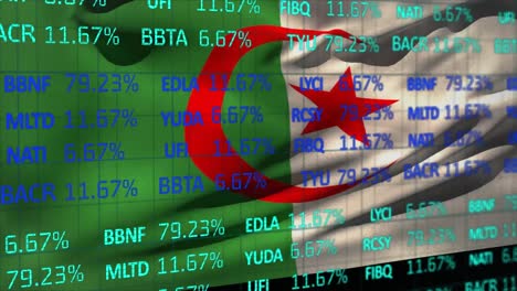 Animation-of-stock-market-data-processing-against-waving-algeria-flag