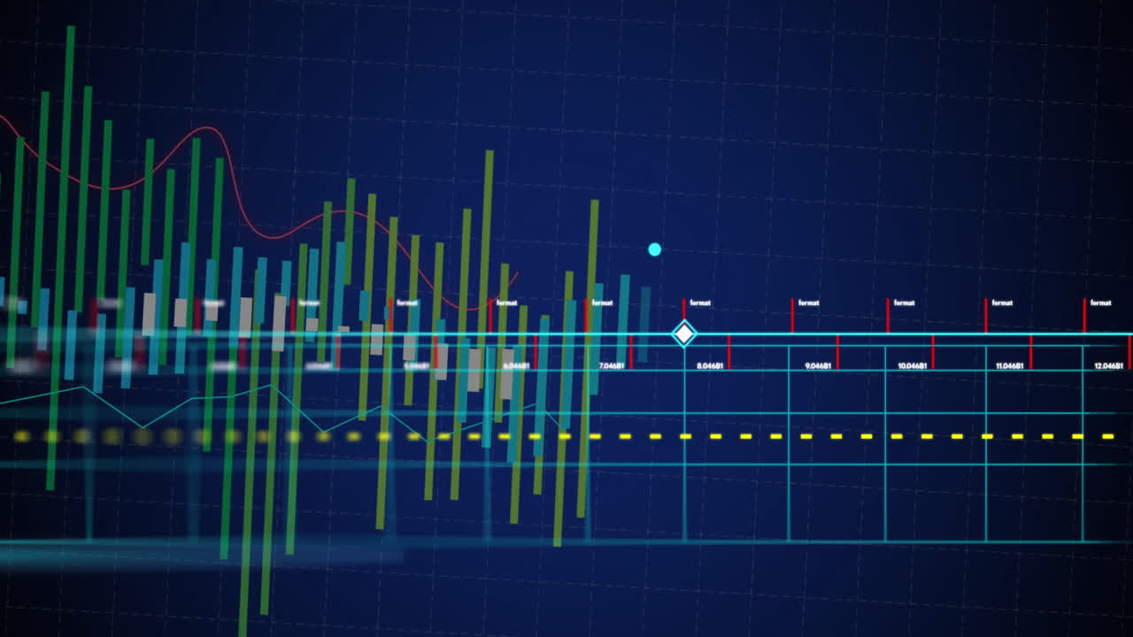 Animation of financial data processing over blue background