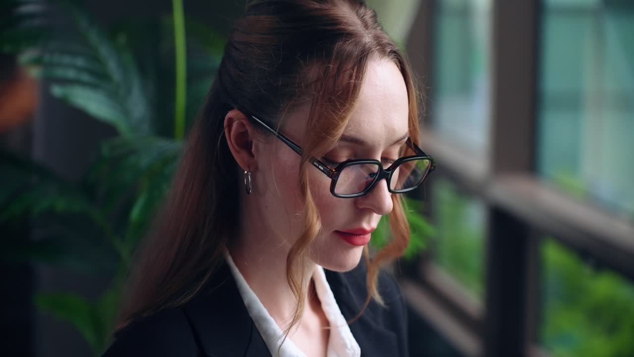 Un primo piano cinematografico in slow motion con effetto parallasse si concentra sul volto di un'imprenditrice bella e intelligente mentre lavora con profonda concentrazione nella hall di un ufficio moderno.