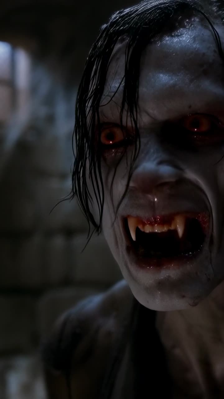 Vertikal video: Knurrende vampyrlignende figur reagerer på nærbilledindramning og blotter hugtænder i en dæmpet kælder