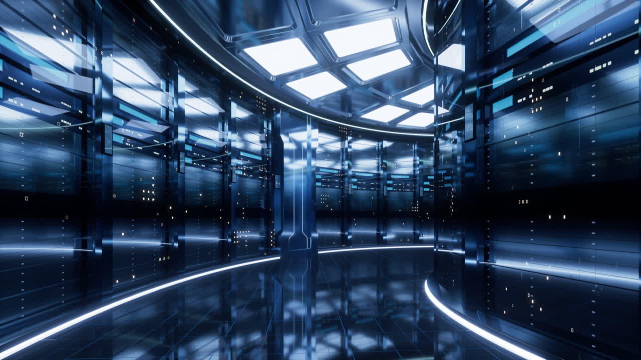 세버 랙 및 데이터 센터의 루프 애니메이션, 3d 렌더링