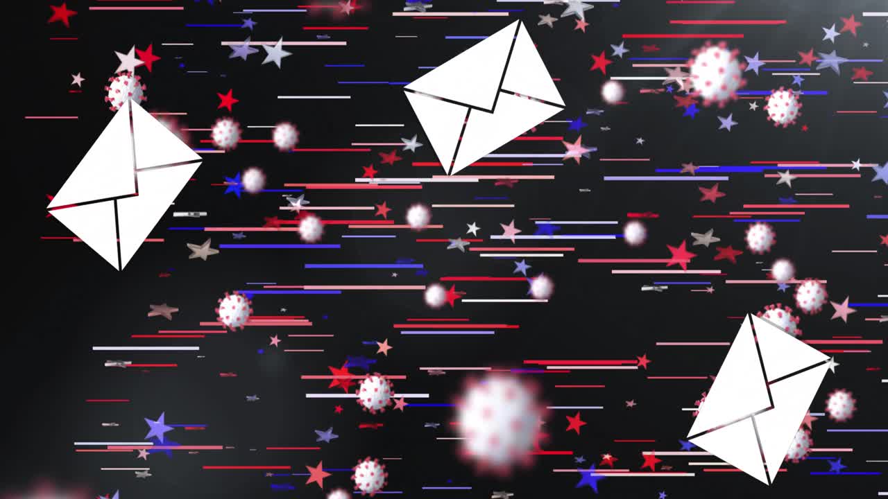 múltiples iconos de sobre y células de covid-19 que se mueven contra rastros de luz y estrellas en fondo negro