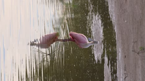 vertical shot of roseate spoonbill standing in murky water