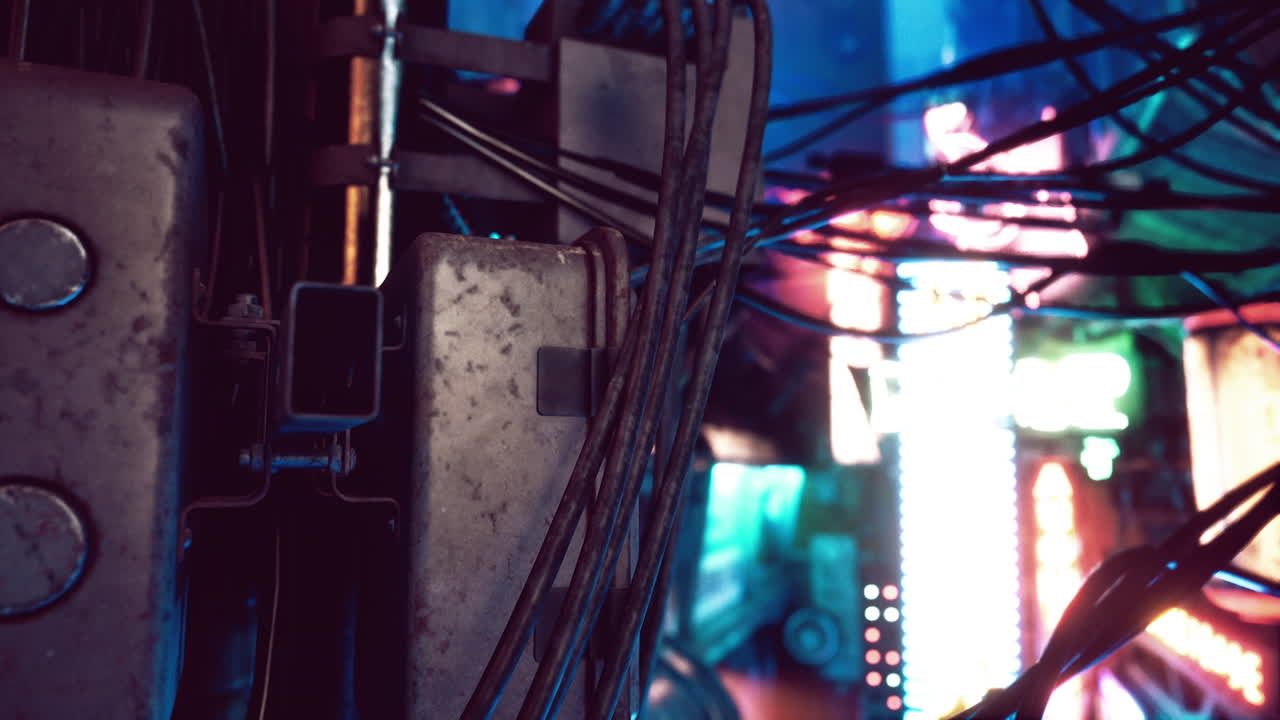 Close Up of Cyberpunk City Lights and Wires
