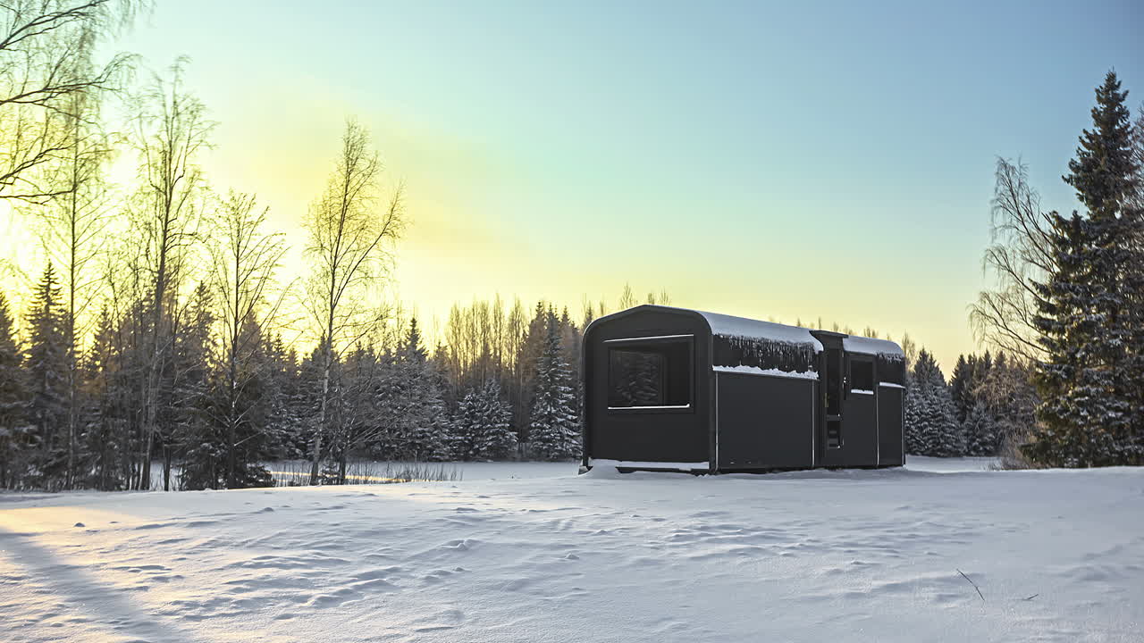 Timelapse-klipp av en trästuga i ett vinterlandskap med rörlig sol mot en blå himmel i bakgrunden under kvällen.