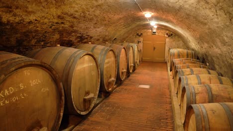 narrow wine cellar tunnel with aged barrel rows with dates written on them toward closed door