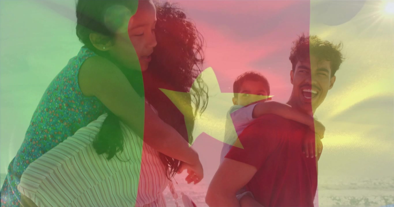Vertical video: Parents starting shore walk carrying kids, tourism using translucent flag overlay