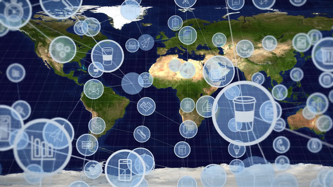 세계 배경의 지도와 함께 다른 아이콘과 화살표