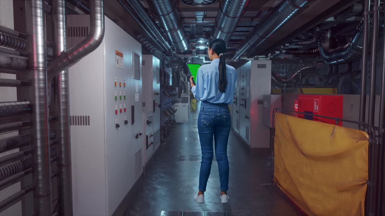Full Body Back View Of An Asian Female Professional Worker Standing With Green Screen Tablet In Engine Control Room, Industrial Facility