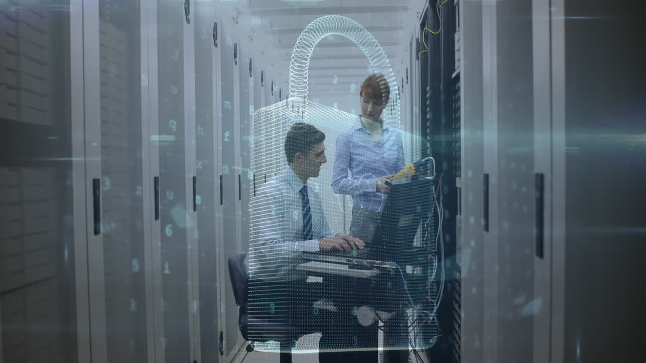 Animation of data processing over computer servers and caucasian male and female it engineer