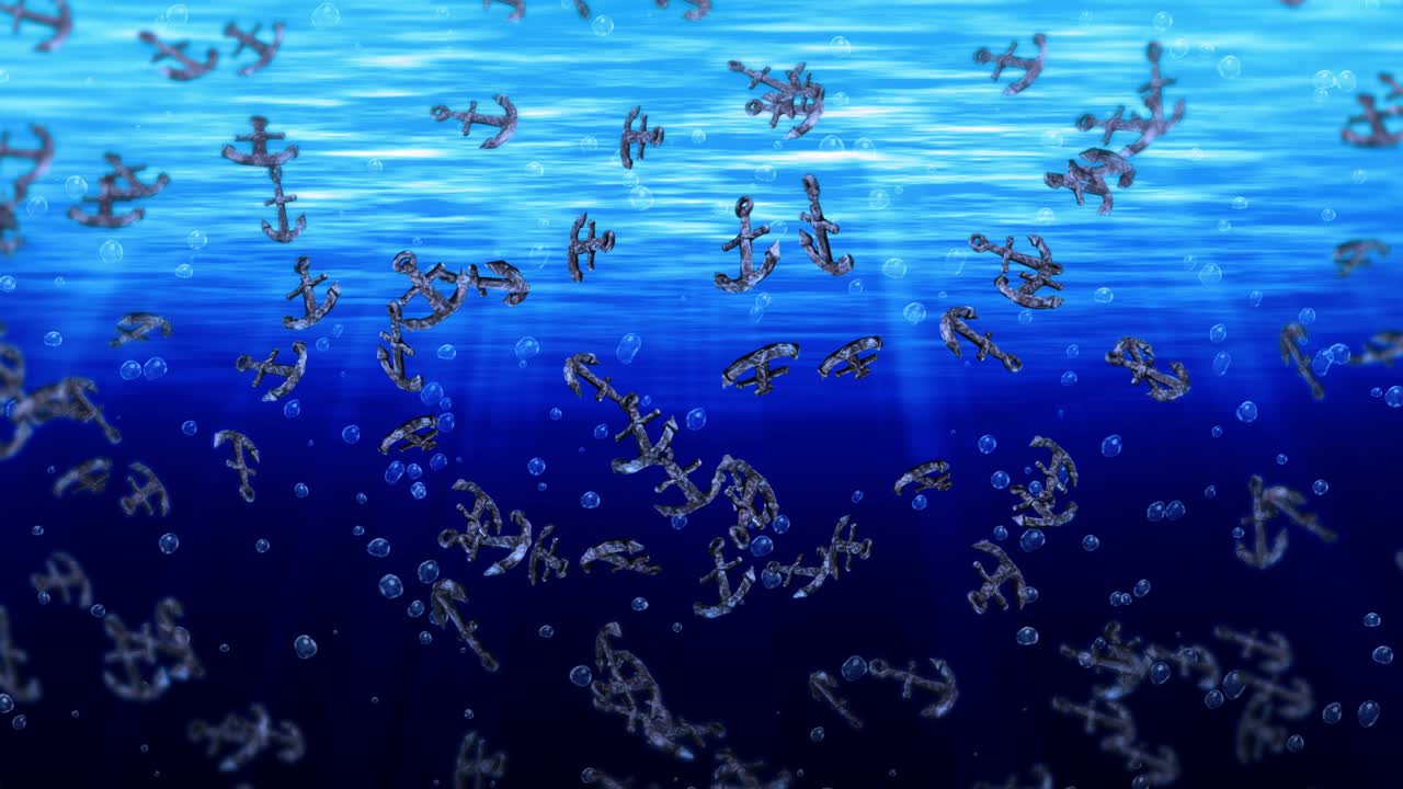 volando muchas anclas en agua azul. ancla de barco y barco. icono marino. animación de bucle 3d de ancla giratoria.